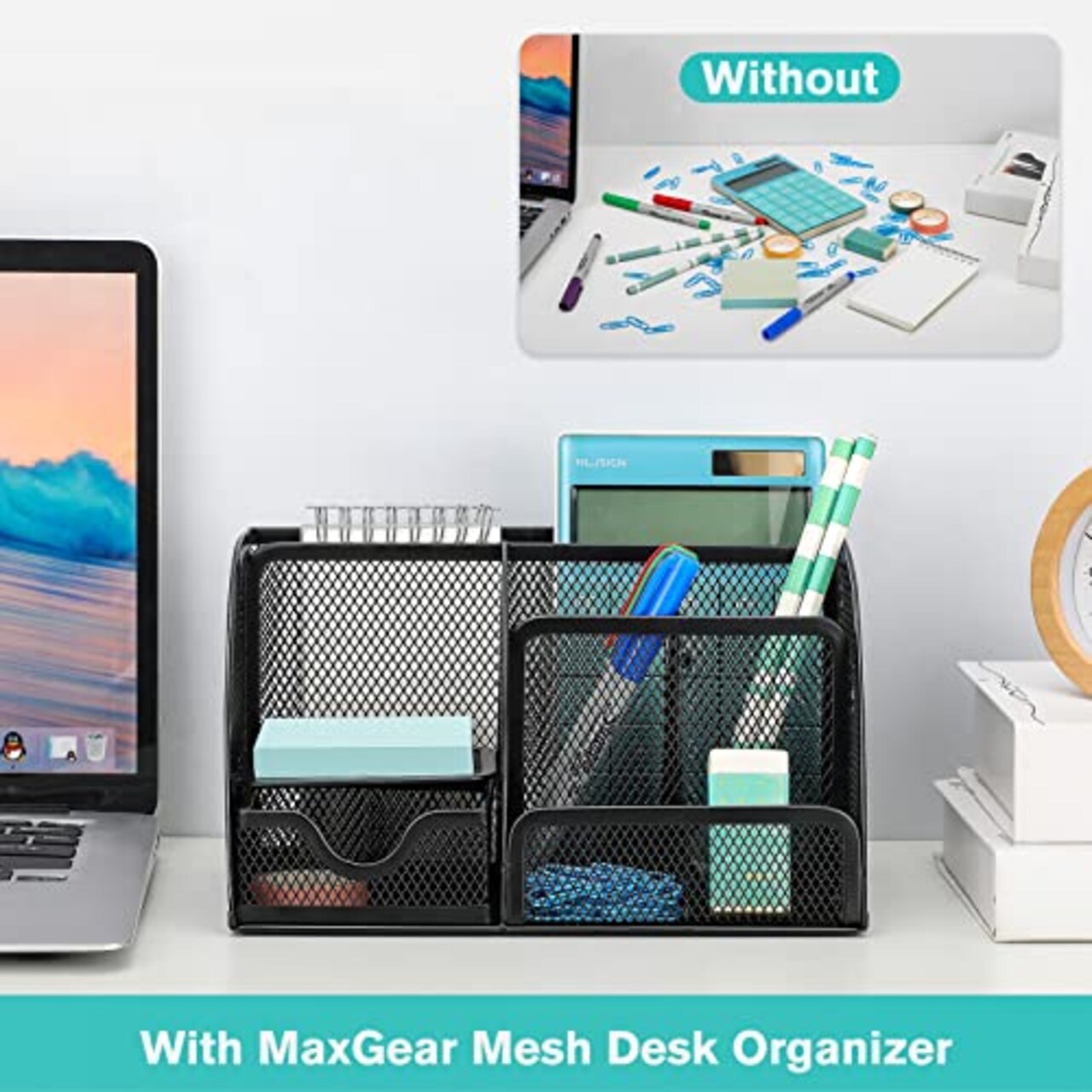 Mesh Office Desktop Organizer with Drawer, Metal Stationary Black Desk Caddy, 6 Compartments, 8.7 x 5.5 x 5 inch, 1 Pack